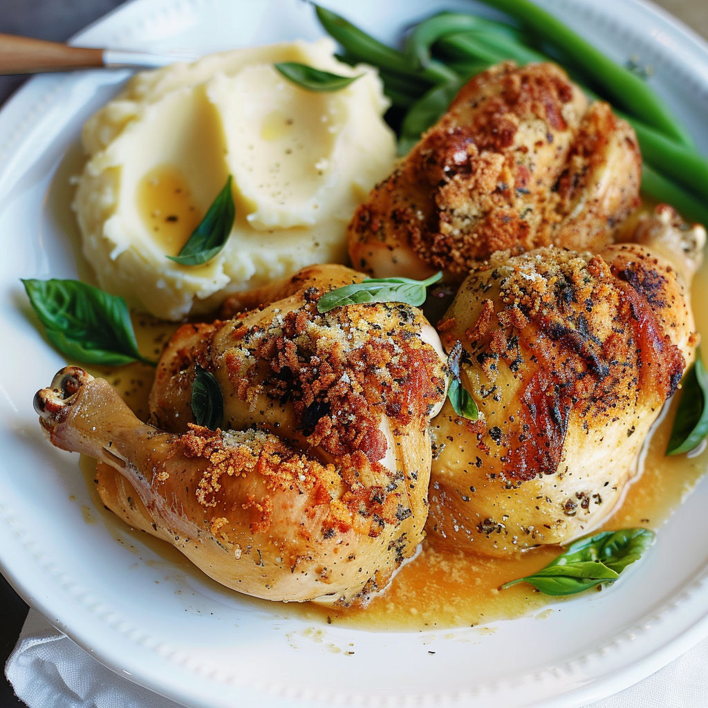 Poulet doré au parmesan et au basilic sur une assiette avec légumes verts et pommes de terre.