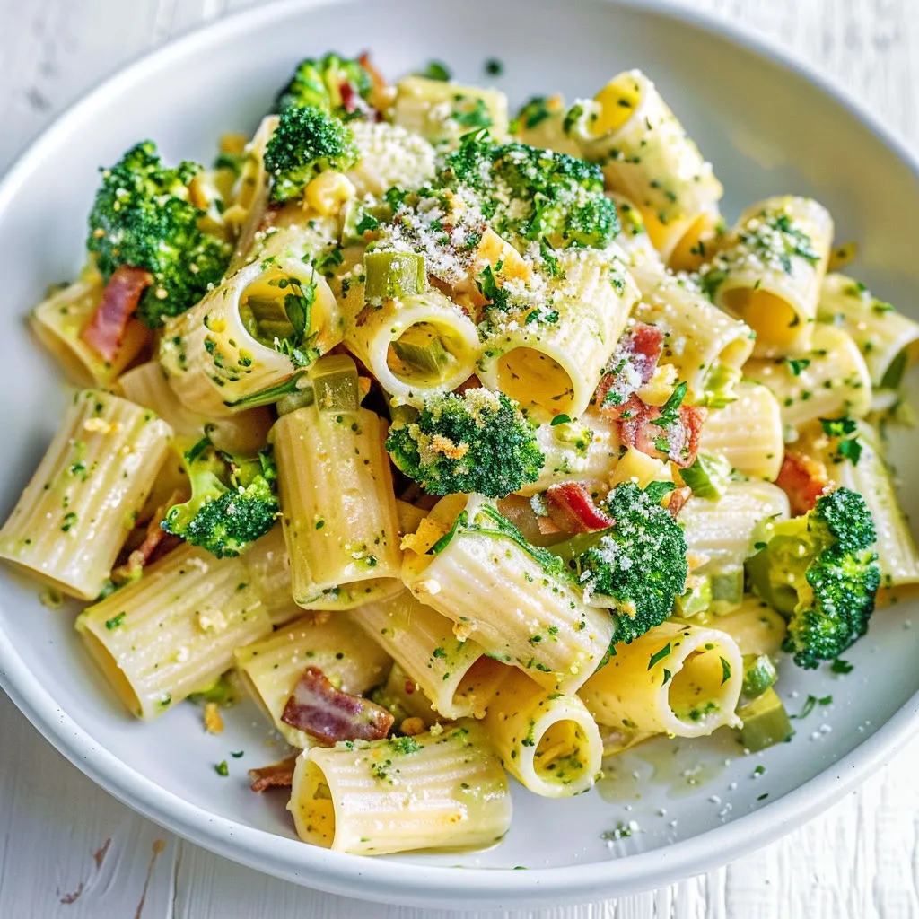 Bol de pâtes à la carbonara verte, brocoli, lardons et poireau bien dorés.
