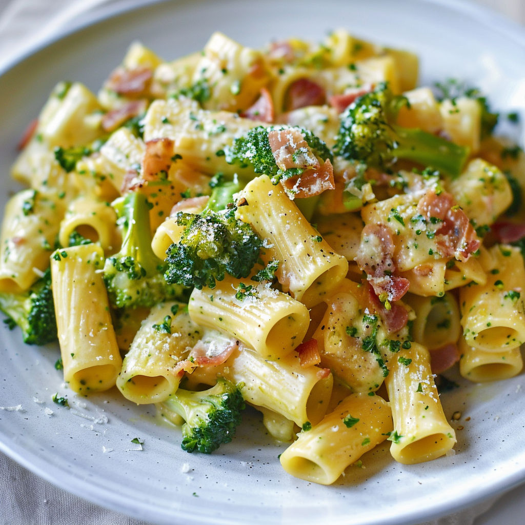 Grande assiette de pâtes à la carbonara avec brocoli, poireau et copeaux de parmesan.