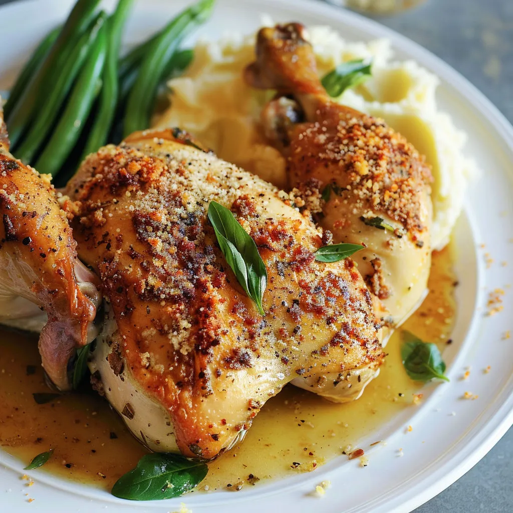 Filet de poulet doré, légumes verts et pommes de terre.