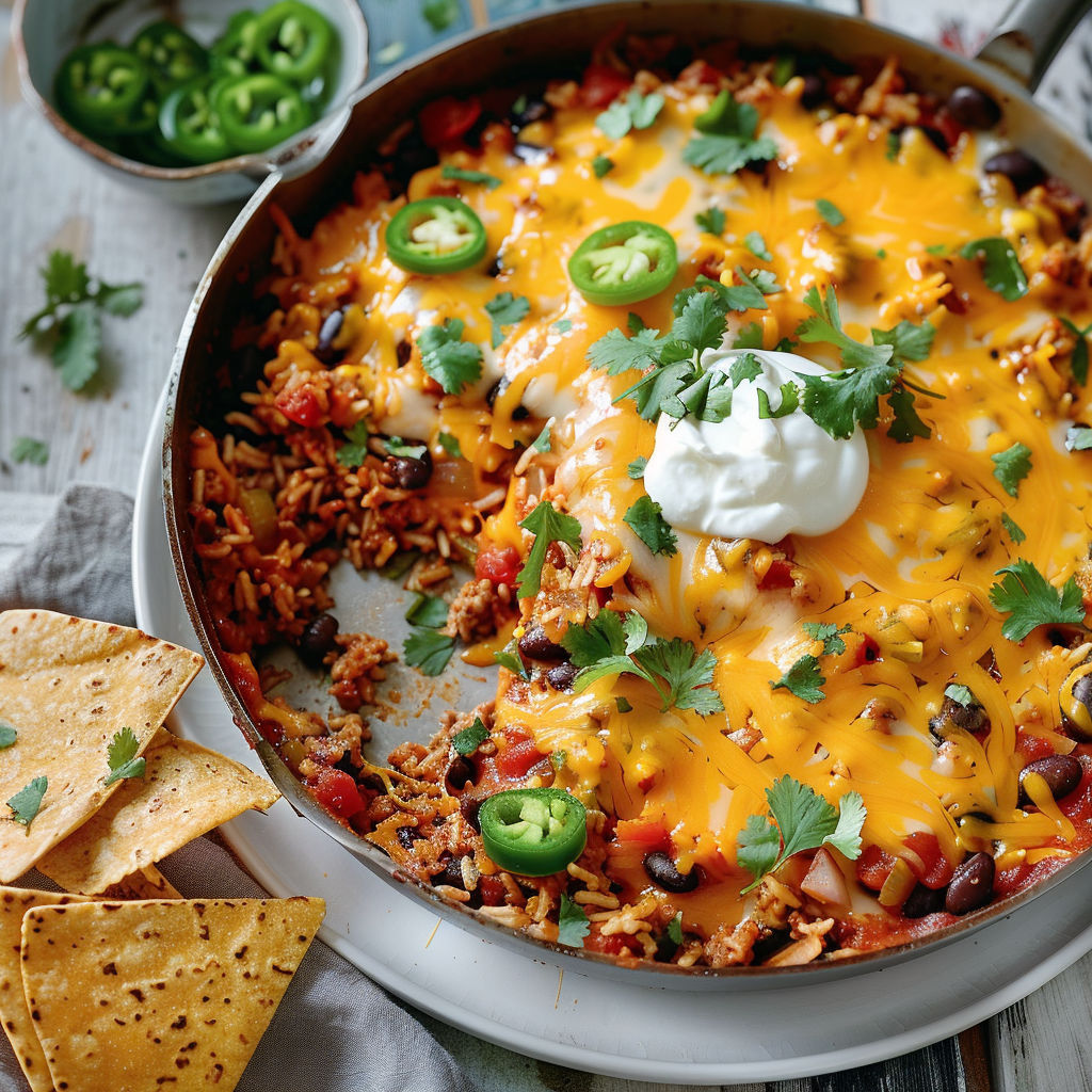 Plat mexicain coloré avec bœuf, riz, haricots noirs, cheddar fondu, chips de tortillas.
