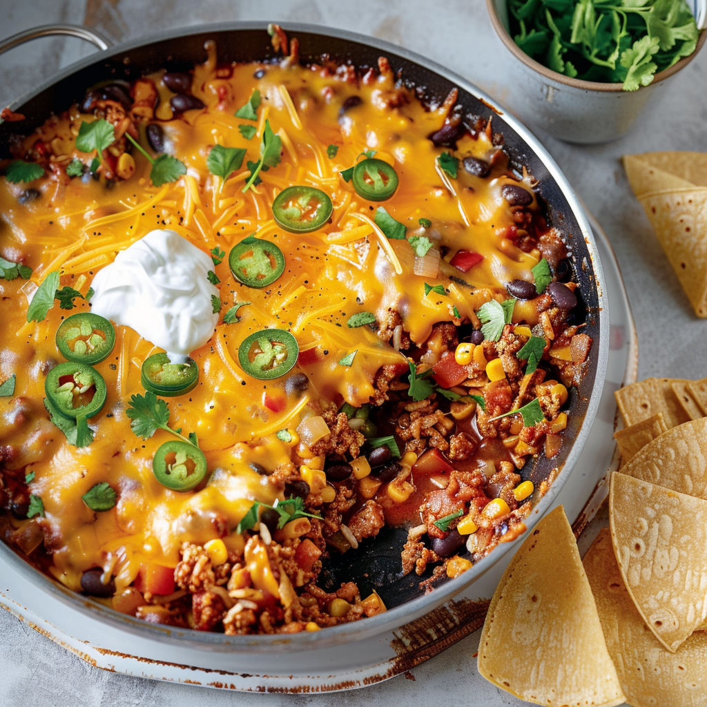 Un plat convivial façon mexicaine avec chips de tortillas dorées, riz, fromage fondant et épices.
