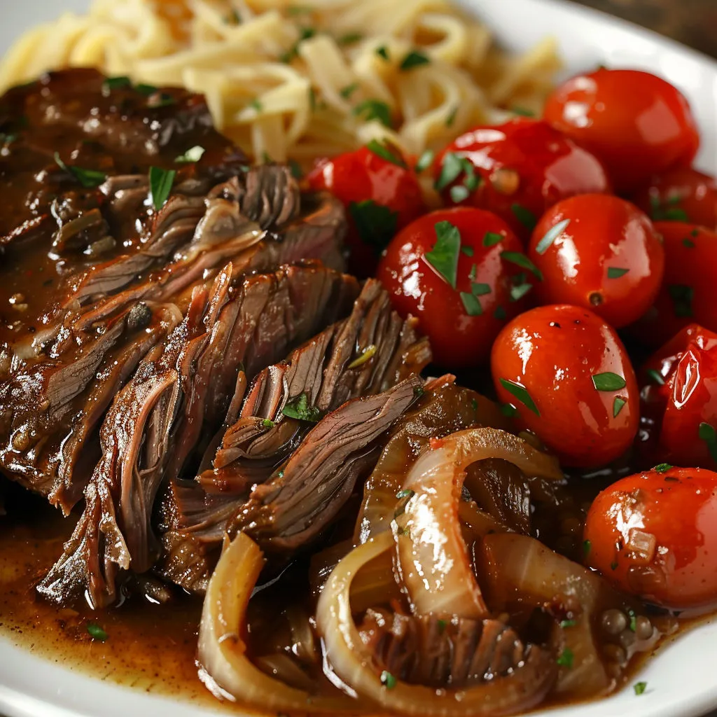 Bœuf rôti doré, tomates cerises et pâtes à côté.
