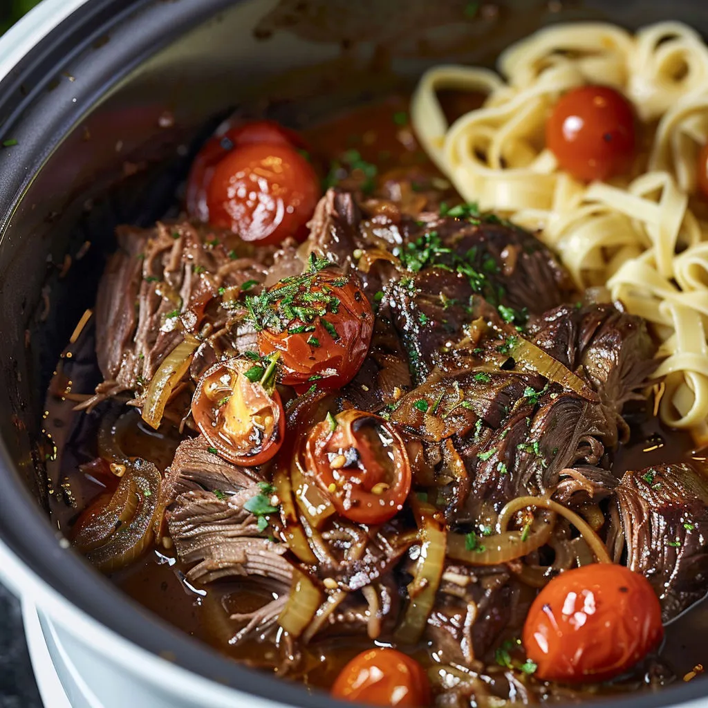 Un délicieux plat de bœuf mijoté aux tomates sur des pâtes.