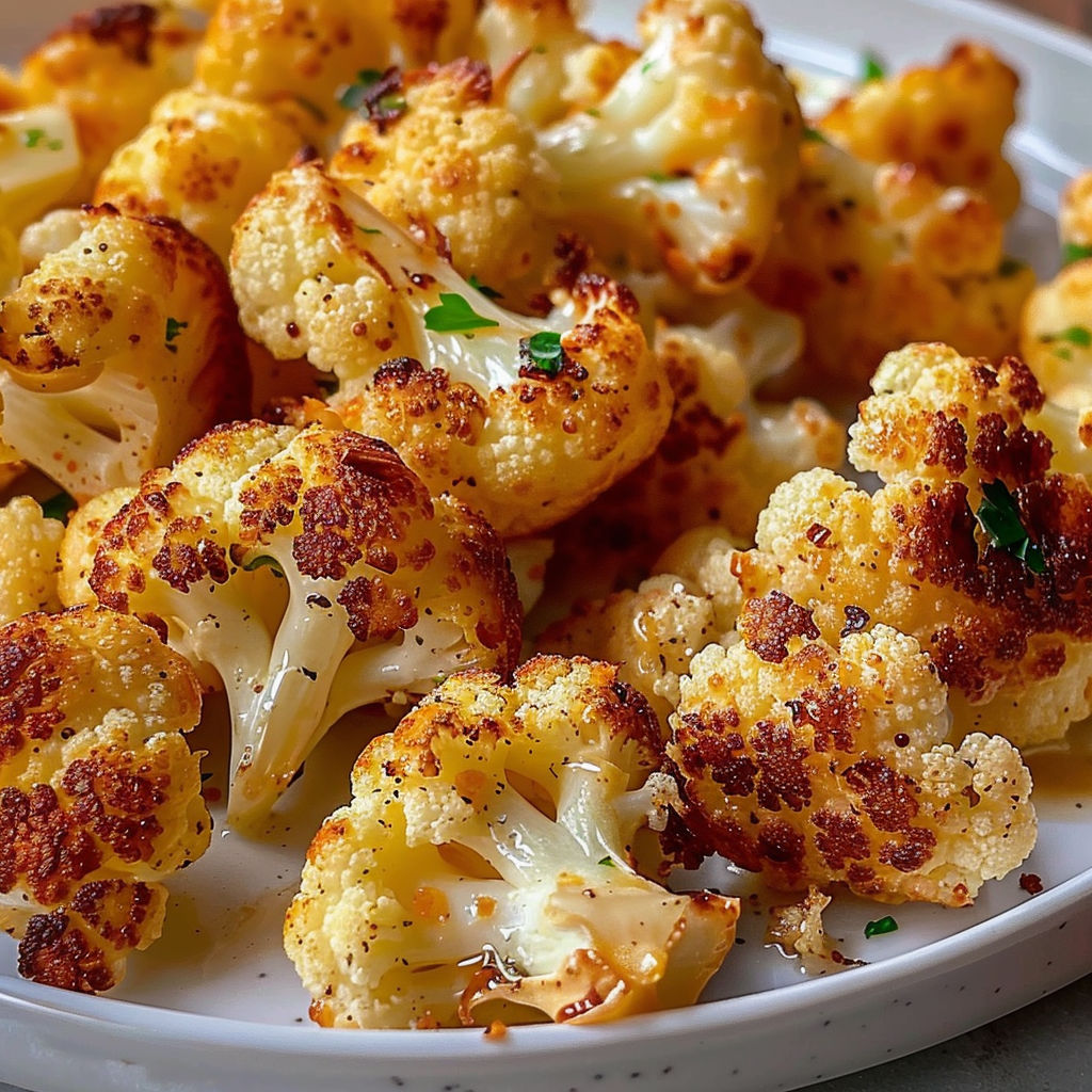 Une assiette de brocoli doré, saupoudrée d’herbes et d’épices, sur un plateau.
