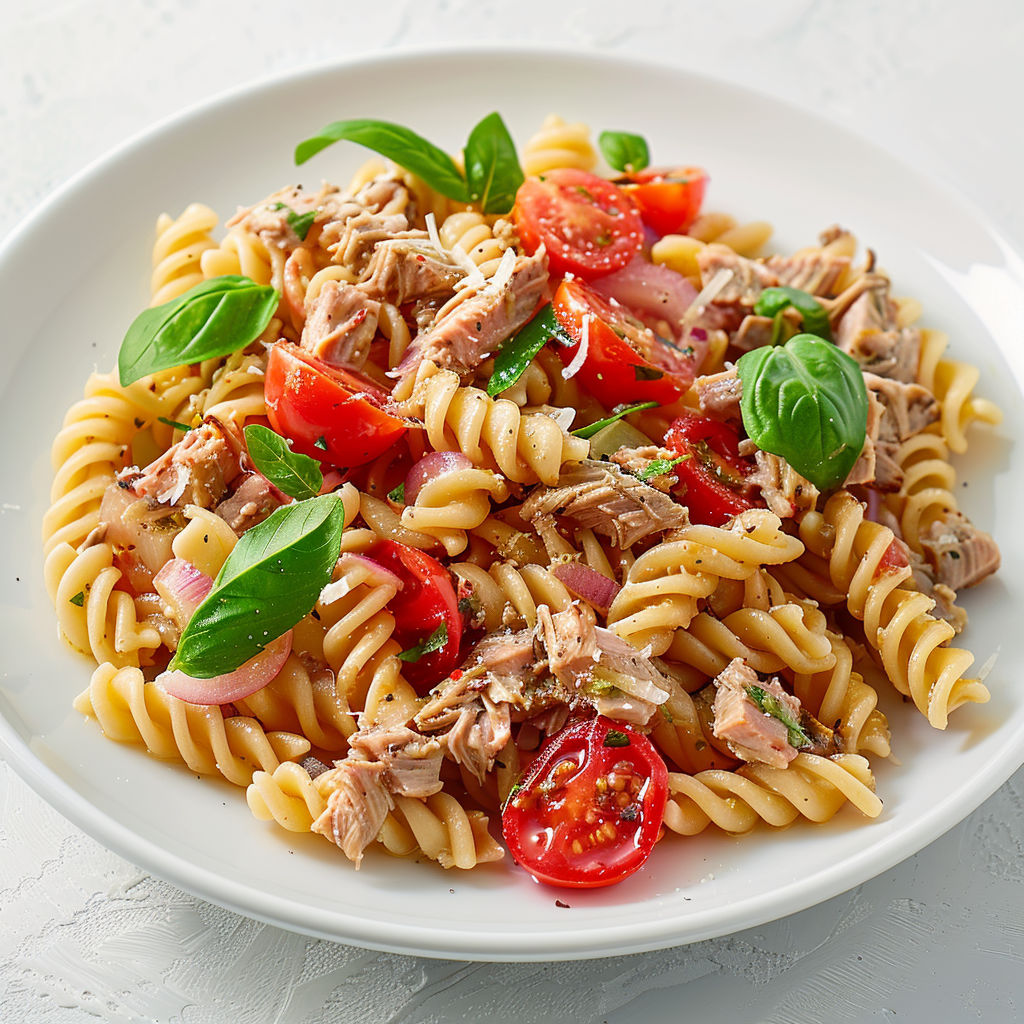 Pâtes froides avec thon, légumes et herbes fraîches.