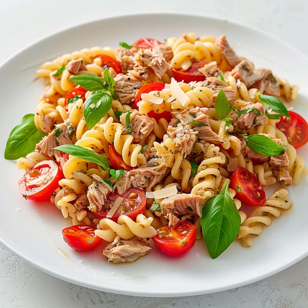 Une assiette de spaghettis avec tomates et herbes.