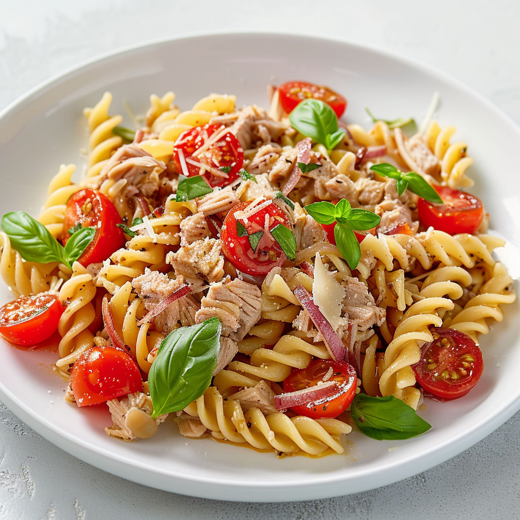 Une assiette de spaghettis avec tomates et herbes.