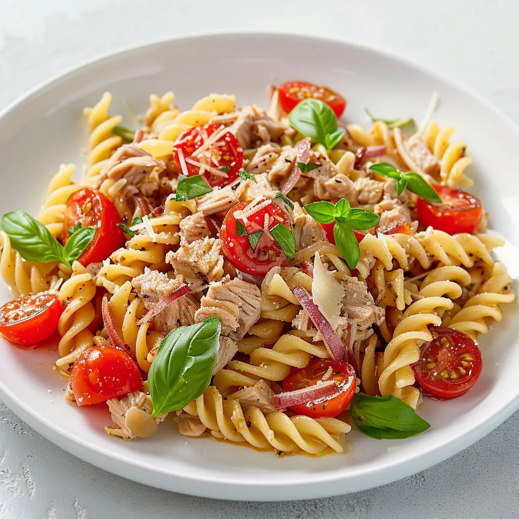 Une assiette de spaghettis avec tomates et herbes.