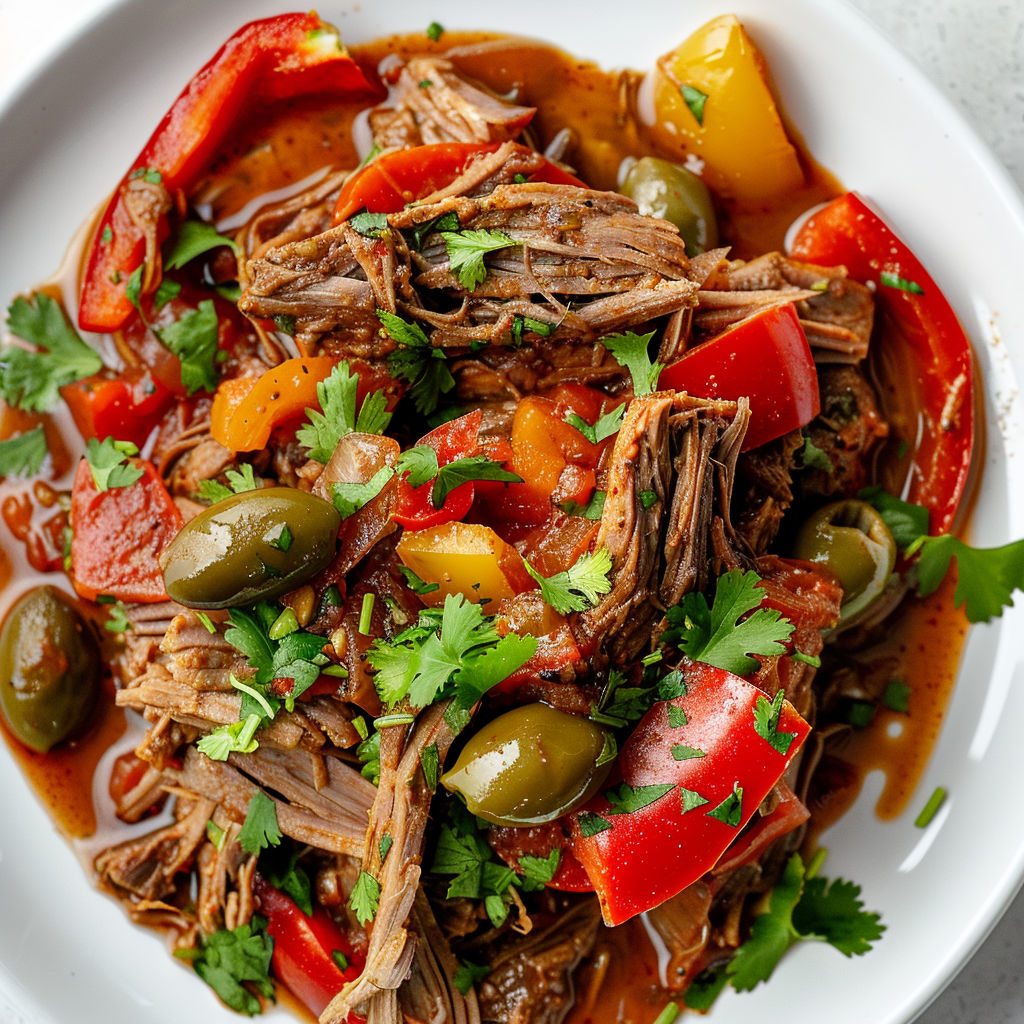 Un plat de bœuf mijoté avec poivrons, tomates et olives.