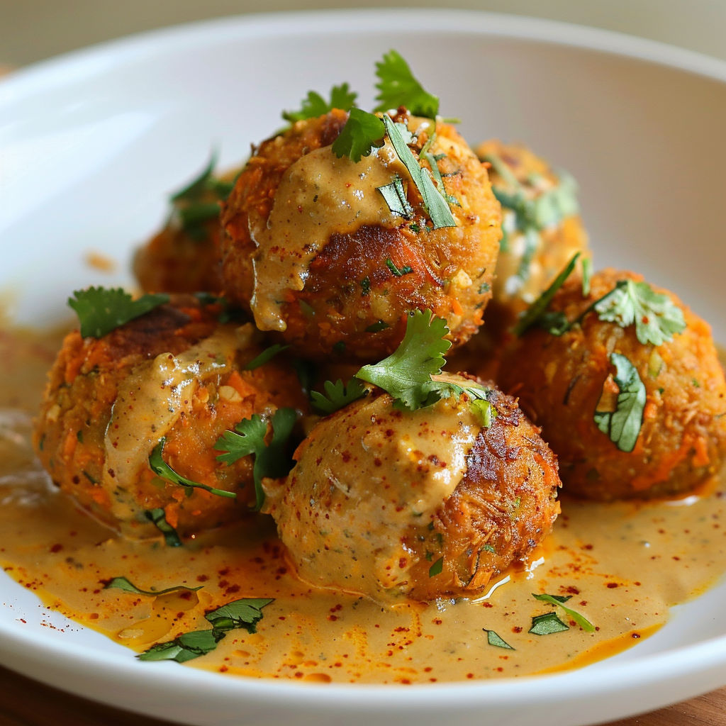 Boulettes végétariennes aux carottes, servis avec une sauce coco-curry gourmande.