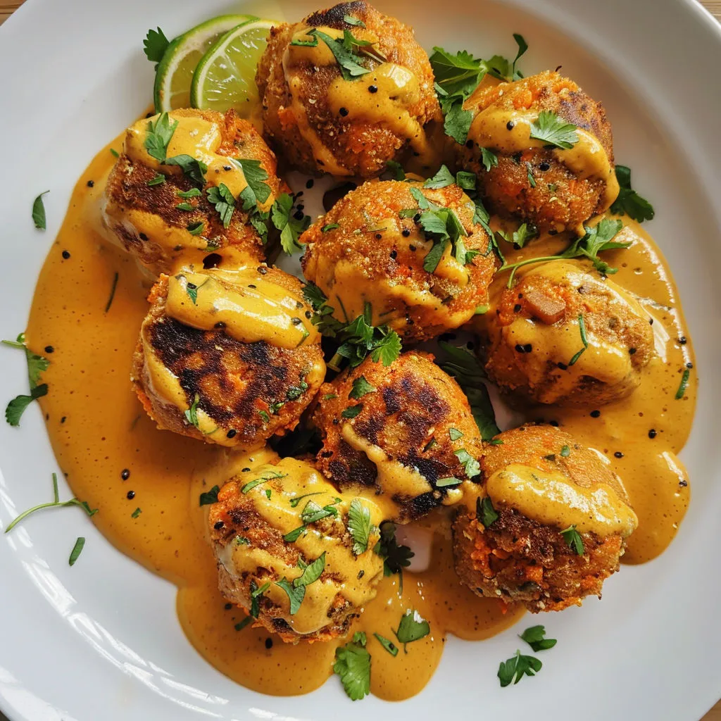 Petites boulettes carottes pois chiches, dorées et nappées de sauce coco curry.