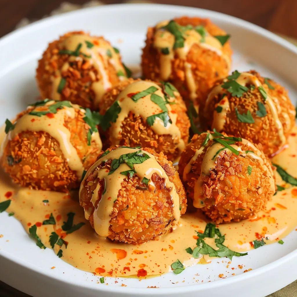 Boulettes croustillantes sorties du four, nappées d’une sauce crémeuse, prêtes à être dégustées.