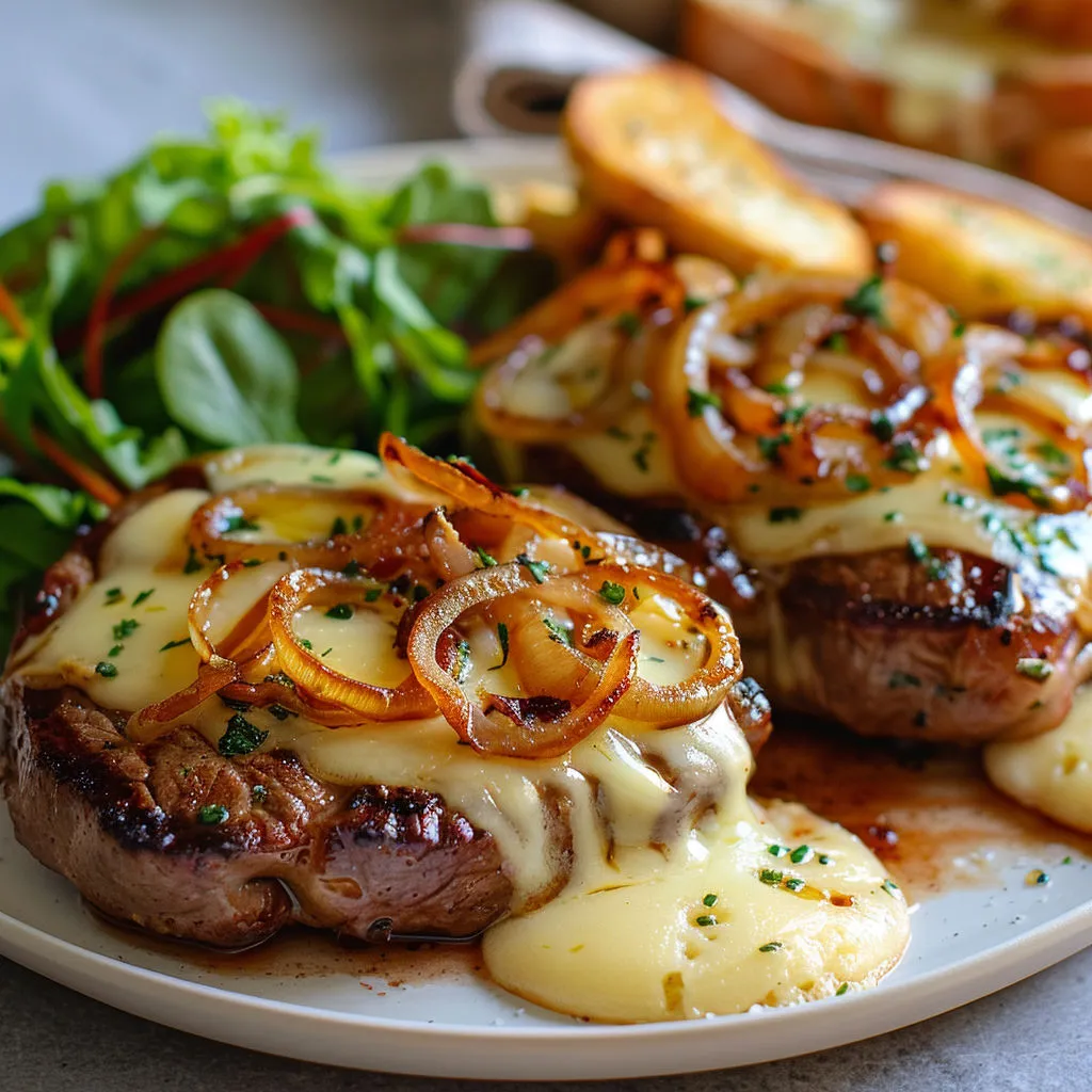 Steak à la parisienne avec oignons et pommes de terre.