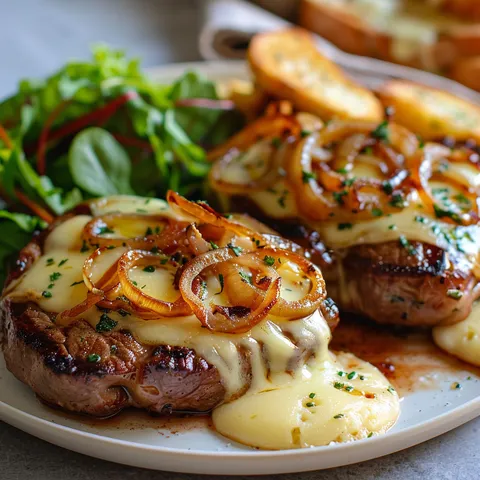 Steak à la parisienne avec oignons et pommes de terre.