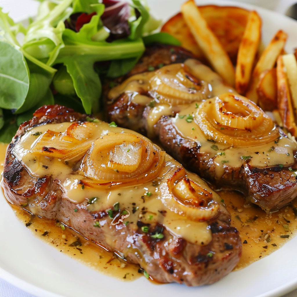 Steak au poivre accompagné de frites et d'une salade verte.