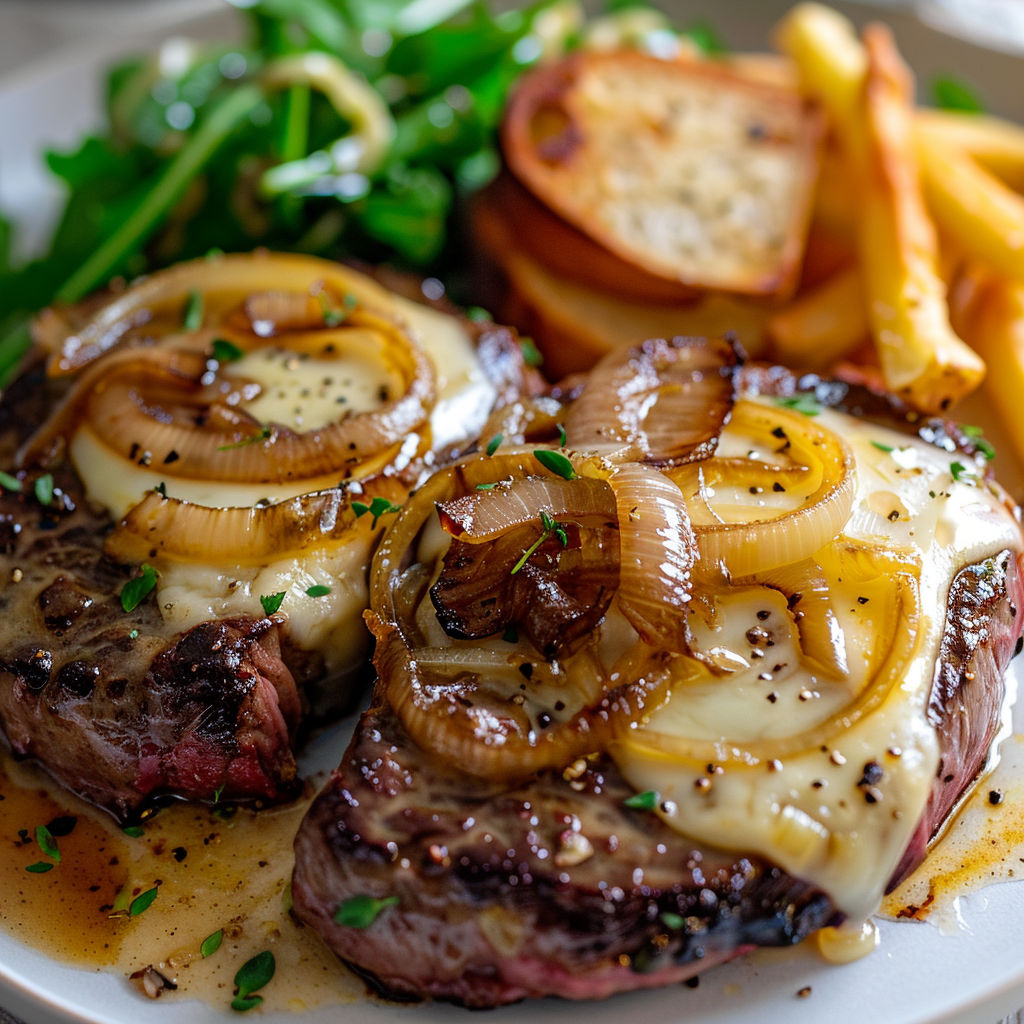 Steak au poivre, frites maison et légumes verts.