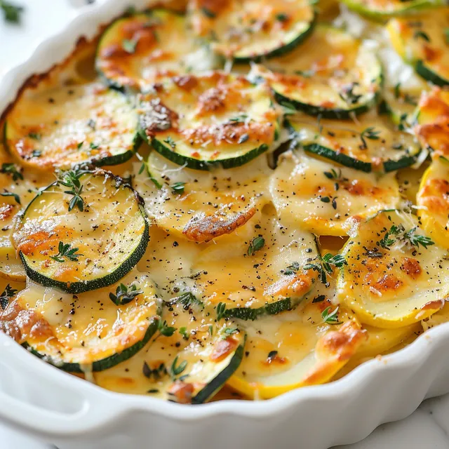 Gratin doré avec courgettes, pommes de terre et oignons couvert de parmesan.