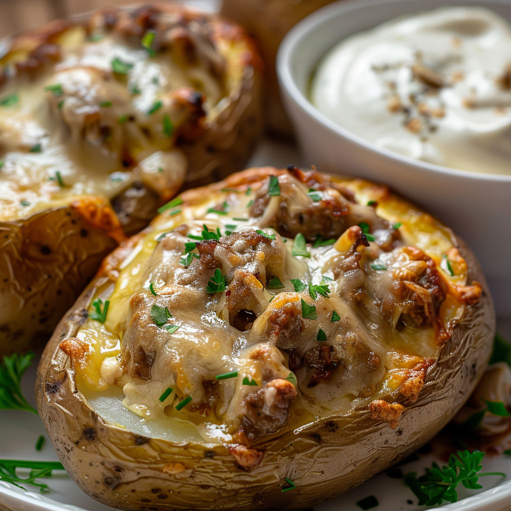 Pommes dorées farcies à la viande et sauce légère aux herbes, servies avec une belle présentation.