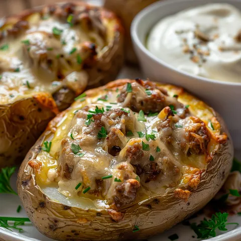 Pommes dorées farcies à la viande et sauce légère aux herbes, servies avec une belle présentation.