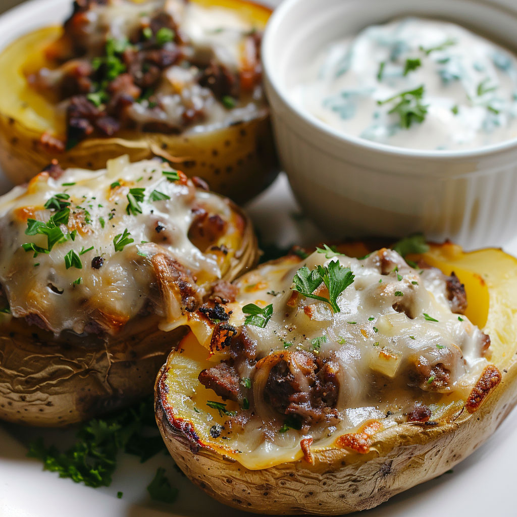 Des pommes de terre farcies avec sauce et herbes fraîches.