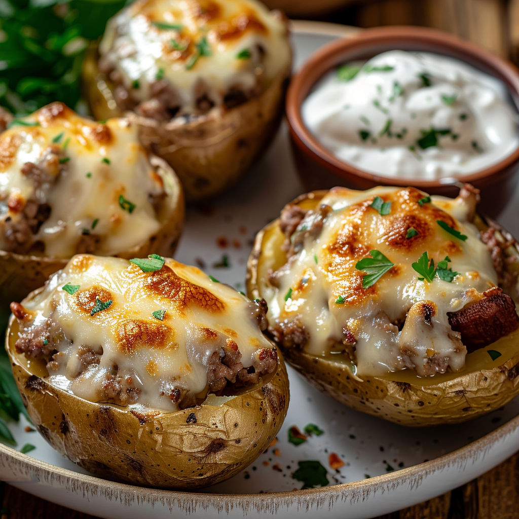 Pommes de terre farcies avec herbes et sauce à la crème, servies à table.