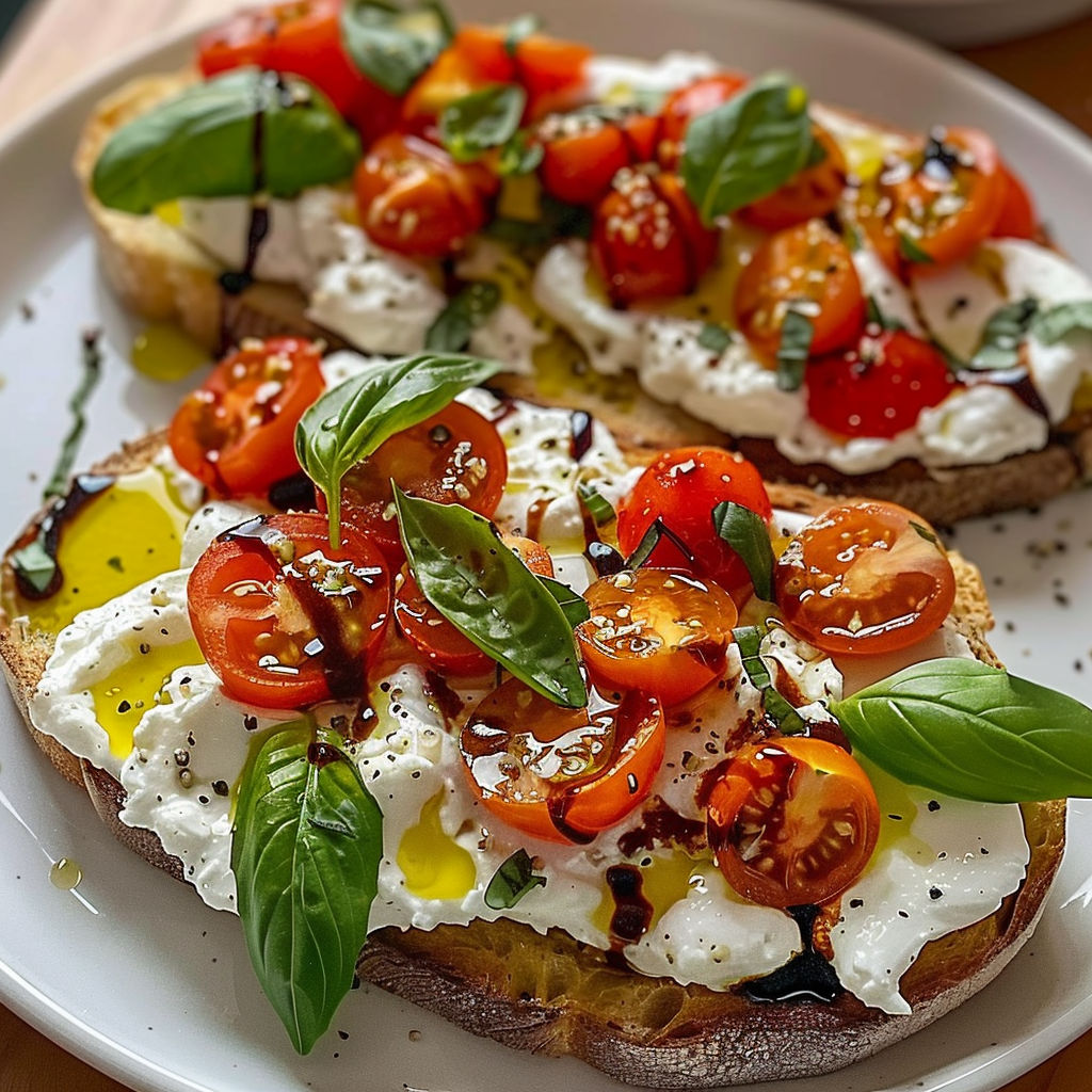 Bruschetta garnie de burrata, basilic frais et tomates acidulées avec un filet de vinaigre balsamique, servie sur un plateau.