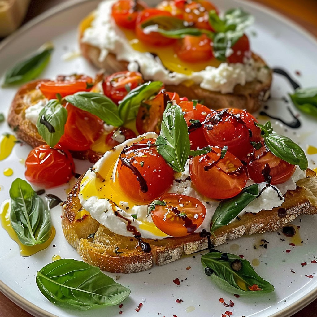 Des bruschettas à la burrata ultra crémeuse avec du basilic frais et des tomates cerises sur du pain croustillant.