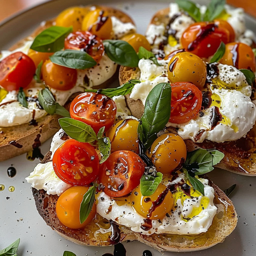 Une assiette de pain grillé garnie de tomates mûres, de burrata fondante et de basilic frais.