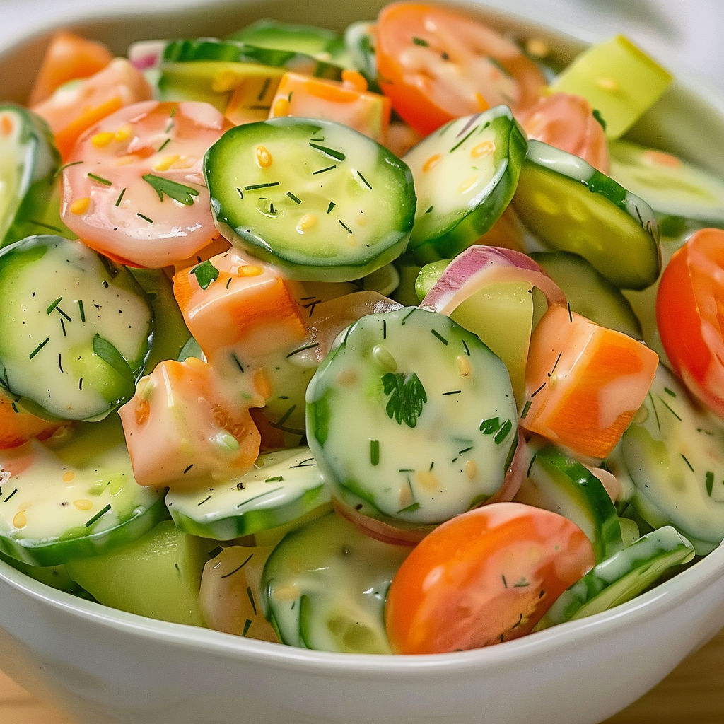 Une assiette colorée avec des concombres et des tomates dans un bol.