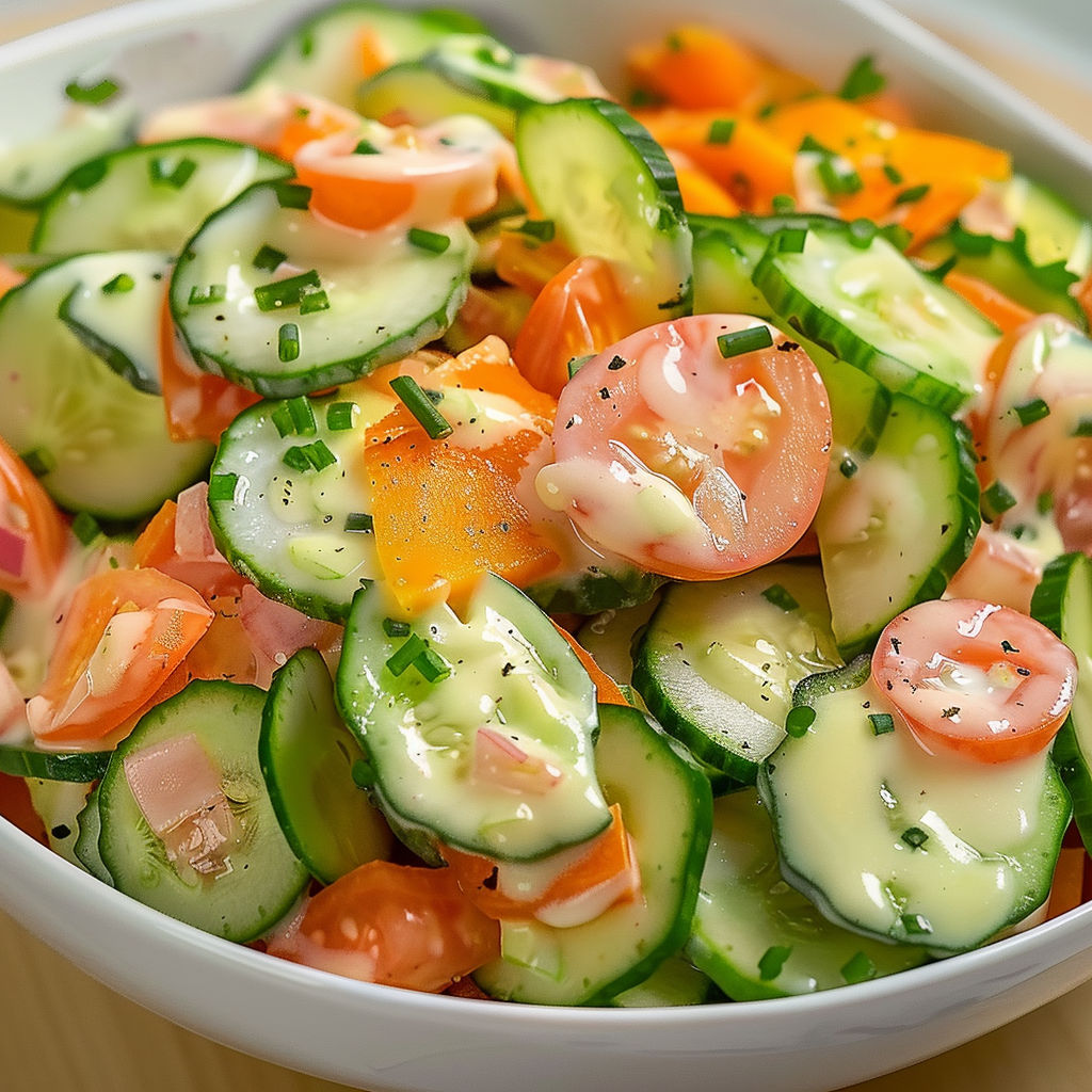 Salade de tomates et concombre toute fraîche à la sauce yaourt.