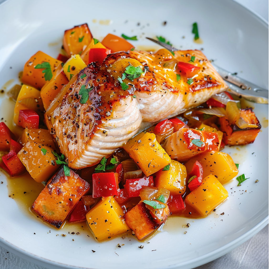 Chutney de mangue avec saumon et légumes, un plat gourmand et délicat.