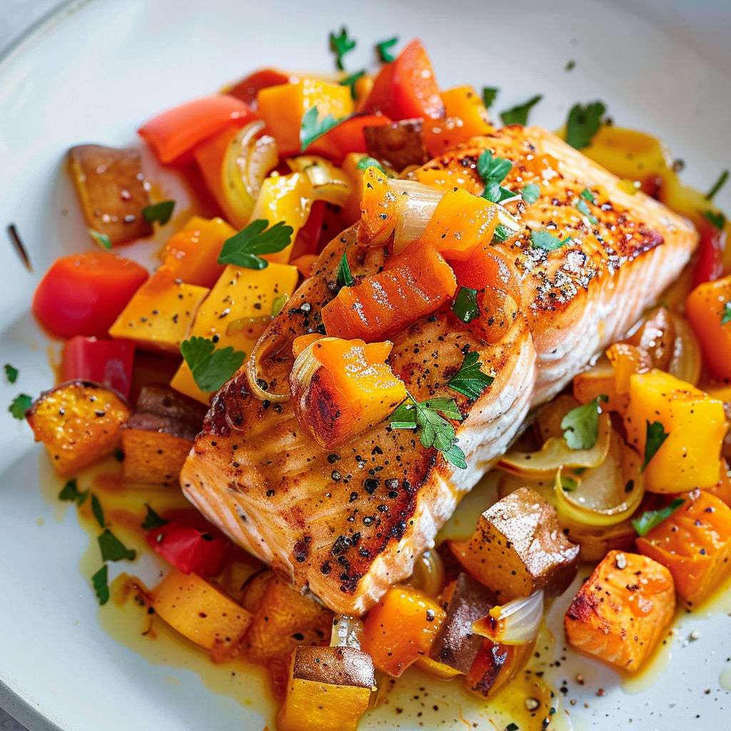 Délicieux saumon caramélisé au chutney de mangue avec légumes rôtis tout colorés.