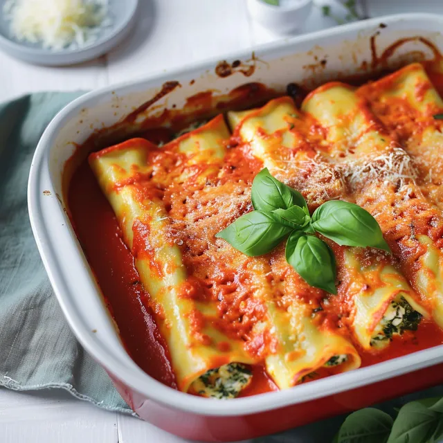 Plat de cannellonis ricotta-épinards nappé de sauce rosée prêt à être savouré.