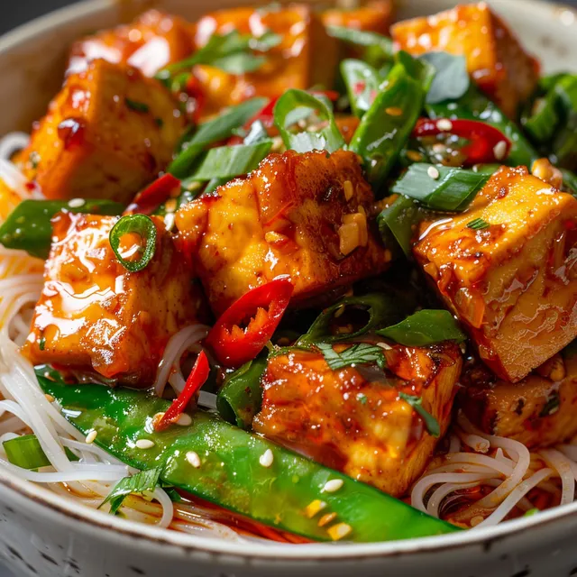 Plat de tofu parfumé avec miso, tomate et légumes croquants.