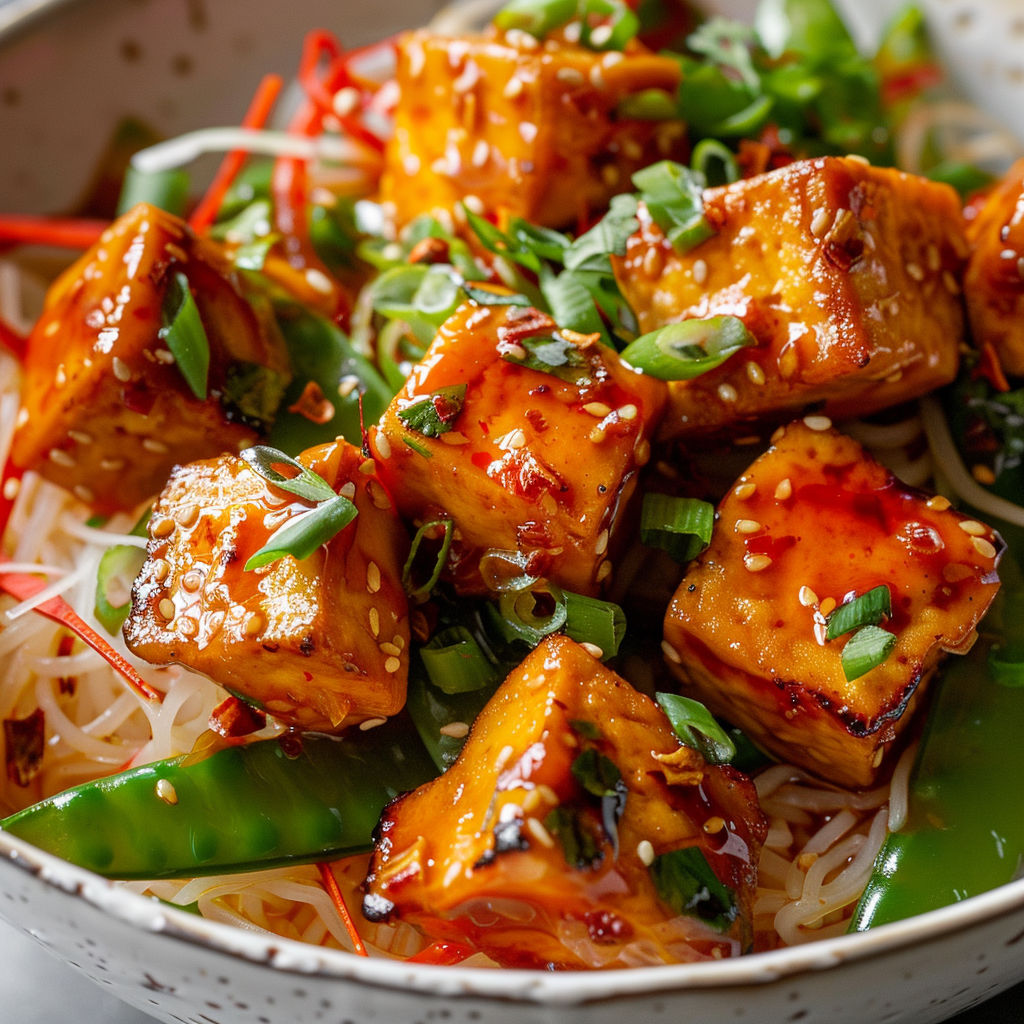 Une salade de poulet et nouilles, accompagnée de légumes verts et de morceaux de poulet grillé, servie dans un bol.