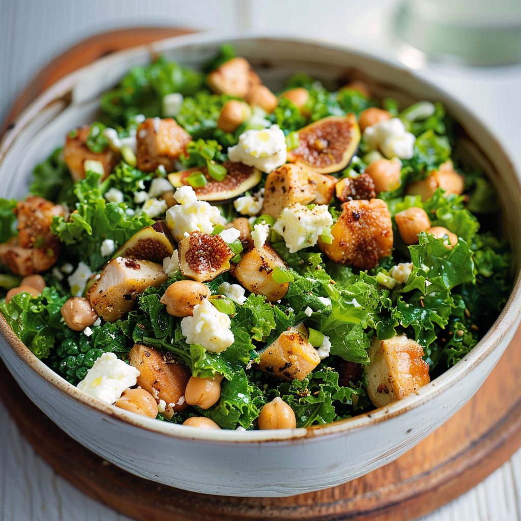 Une savoureuse salade de kale avec du poulet doré, des figues et des légumes colorés.
