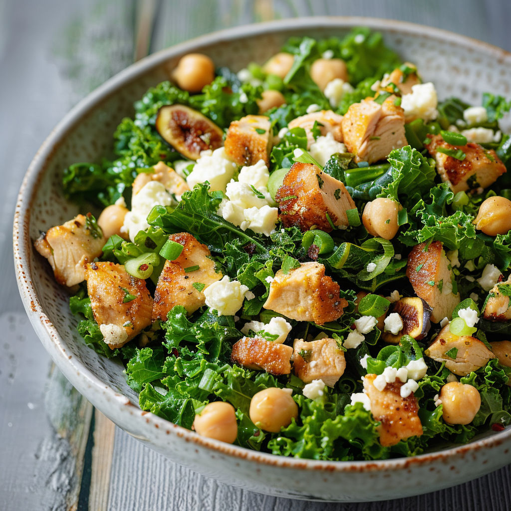 Un mélange coloré avec poulet, légumes croquants, pois chiches, tomates, avocat et chou frais dans une assiette.