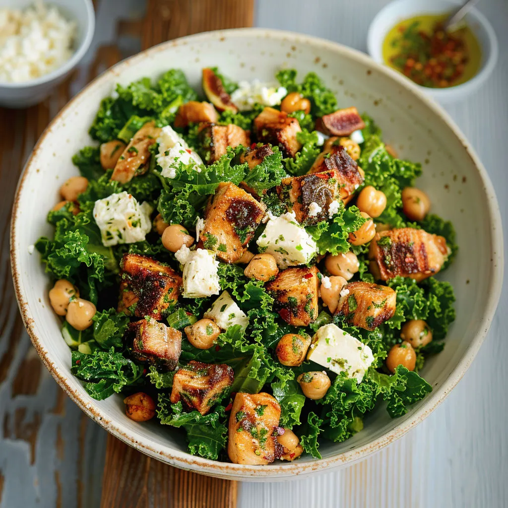 Bol de salade poulet-chou avec légumes verts et graines, présenté dans un bol en céramique.
