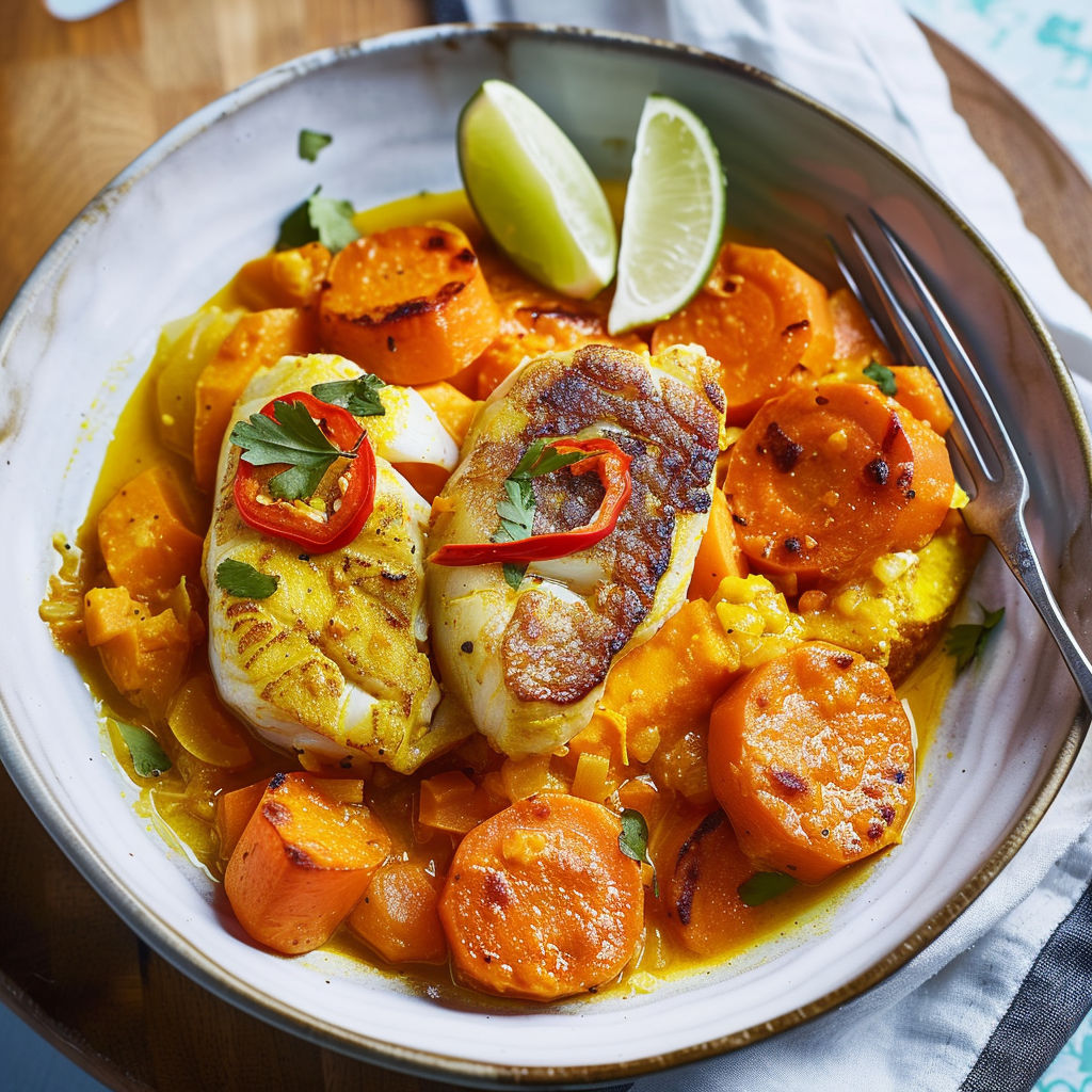 Plat mijoté de poisson avec des légumes doux et crémeux.