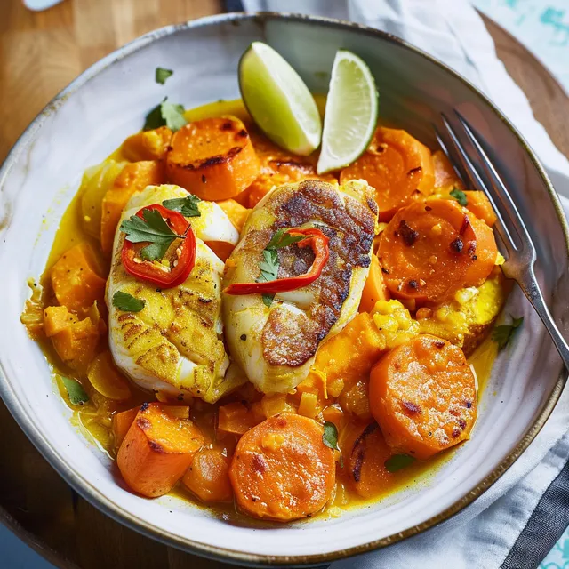 Plat mijoté de poisson avec des légumes doux et crémeux.