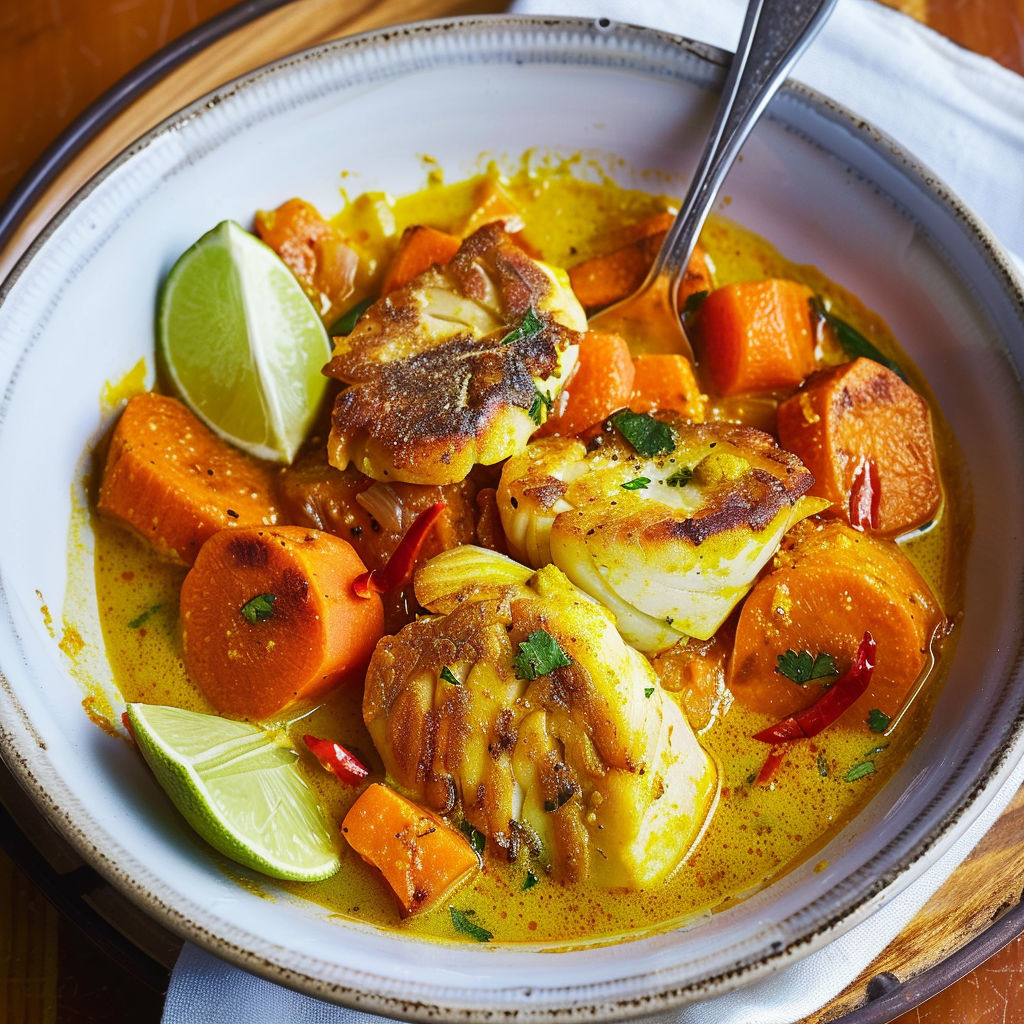 Un plat avec du poisson, carottes et citrons verts, prêt à être dégusté.