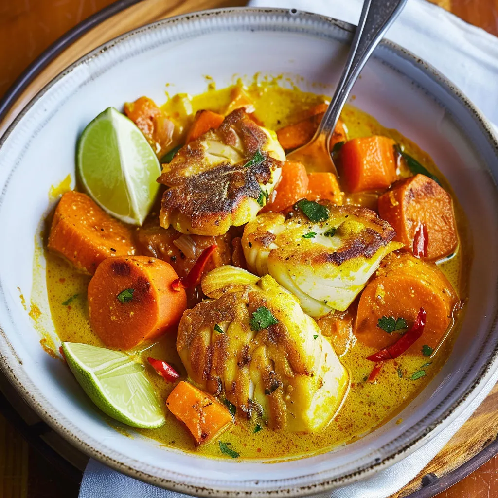 Un plat avec du poisson, carottes et citrons verts, prêt à être dégusté.