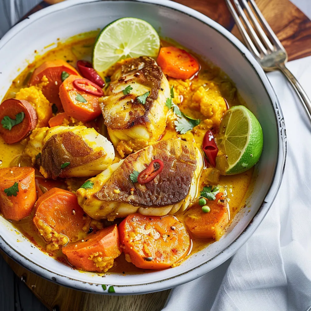 Assiette de poisson et légumes avec carottes, tomates et citrons verts, dressée sur la table.