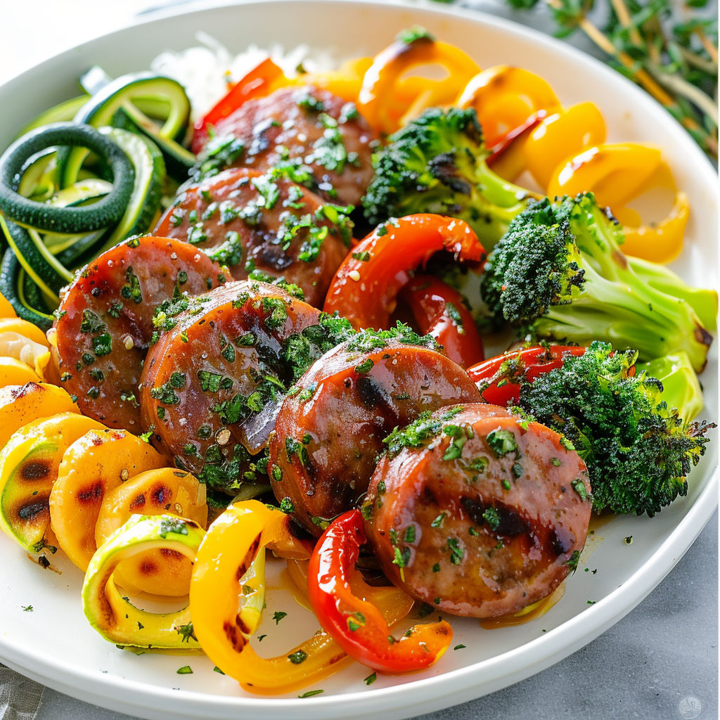 Une plaque garnie de saucisses, légumes variés et fromage en grains bien gratiné.