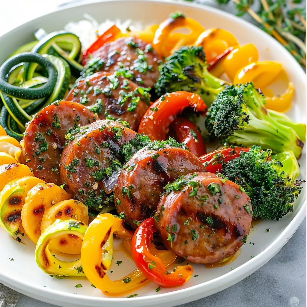 Une plaque garnie de saucisses, légumes variés et fromage en grains bien gratiné.