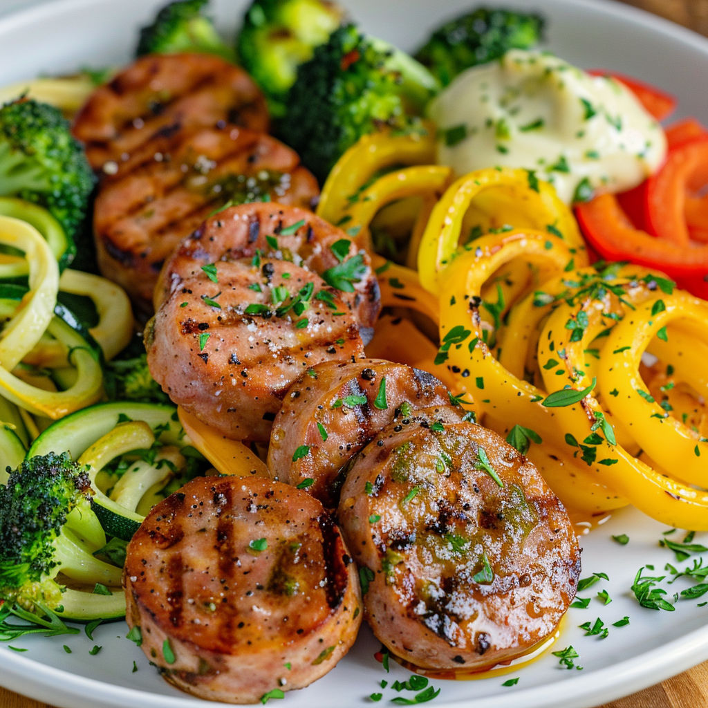 Une assiette colorée avec saucisses grillées, légumes verts et rouges.