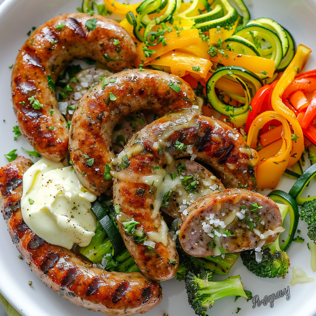 Un plat coloré de légumes et morceaux de poisson, brocoli et courgettes.