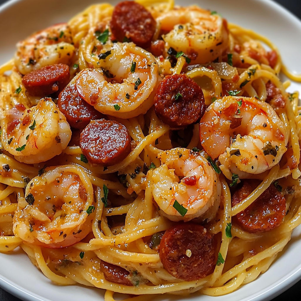 Une assiette de spaghetti au chorizo et crevettes, garnie de tomates, oignons et herbes sur un plateau.