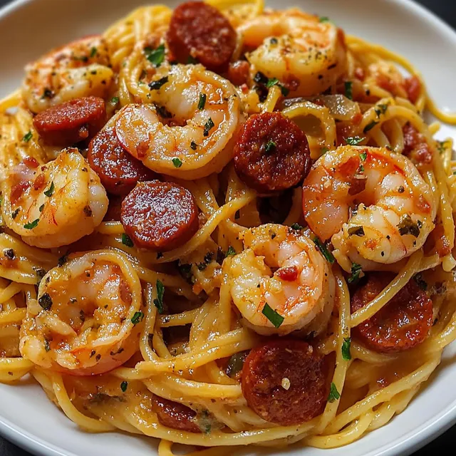 Une assiette de spaghetti au chorizo et crevettes, garnie de tomates, oignons et herbes sur un plateau.